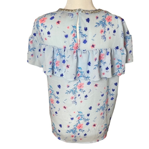 Juicy Couture Top Medium Rain Floral Ruffle Blouse Rhinestone Neck - Picture 5 of 15